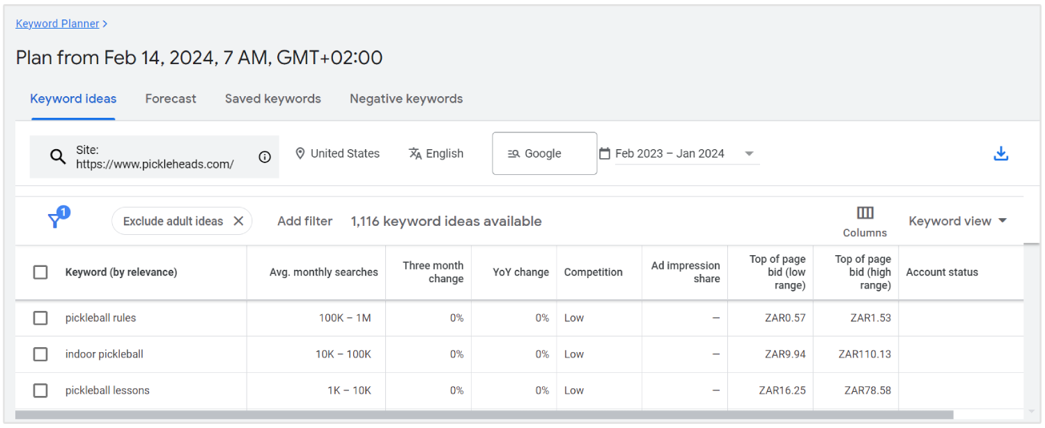 google keyword planner results